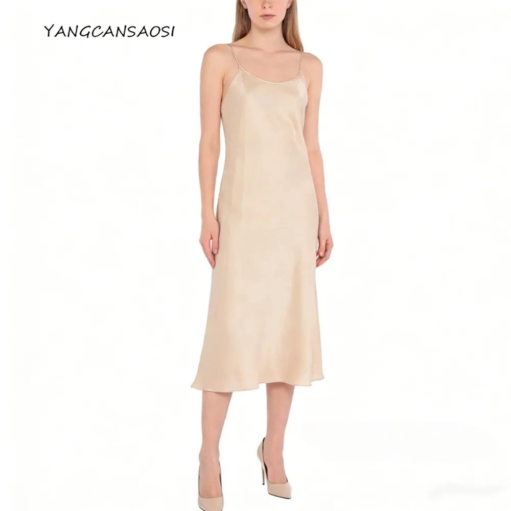

2026 Spring/Summer Women's Clothing 95% Natural Mulberry Silk Elastic Double Qiao Satin Elegant A-line Spaghetti Strap Dress