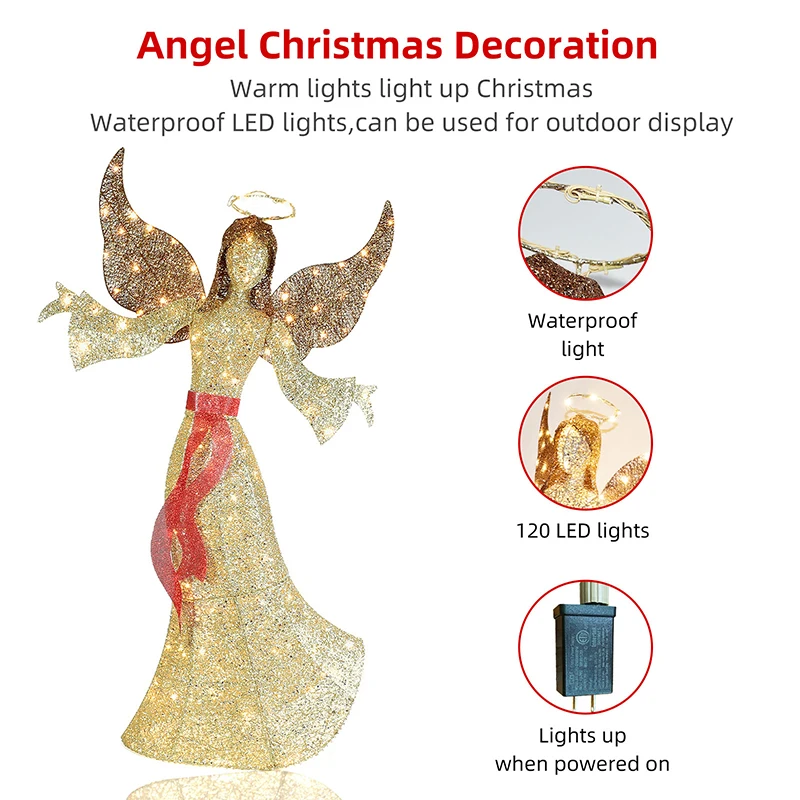 Lámpara dorada de Ángel de Navidad, decoración de 120 luces LED, adecuada para luces de decoración navideña de jardín interior y exterior, 1 ud.