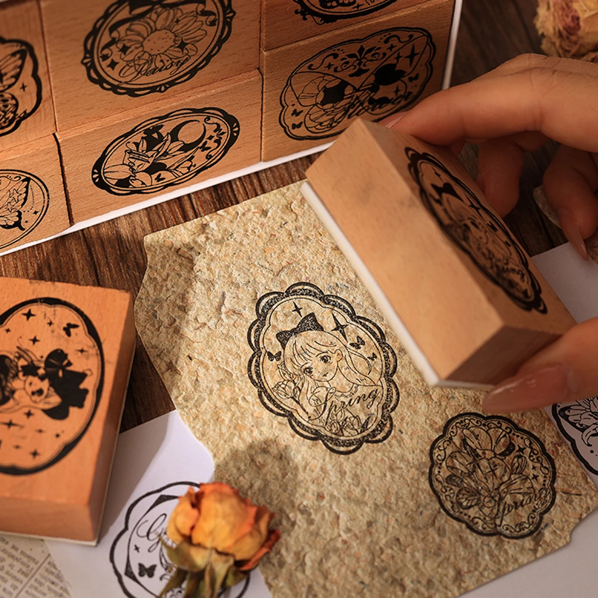 6 قطع/صندوق، طوابع خشبية لفتاة الفراشة، مناسبة للمجلات، وديكور صندوق الهدايا، ومستلزمات مكتبية أو دراسة عصرية