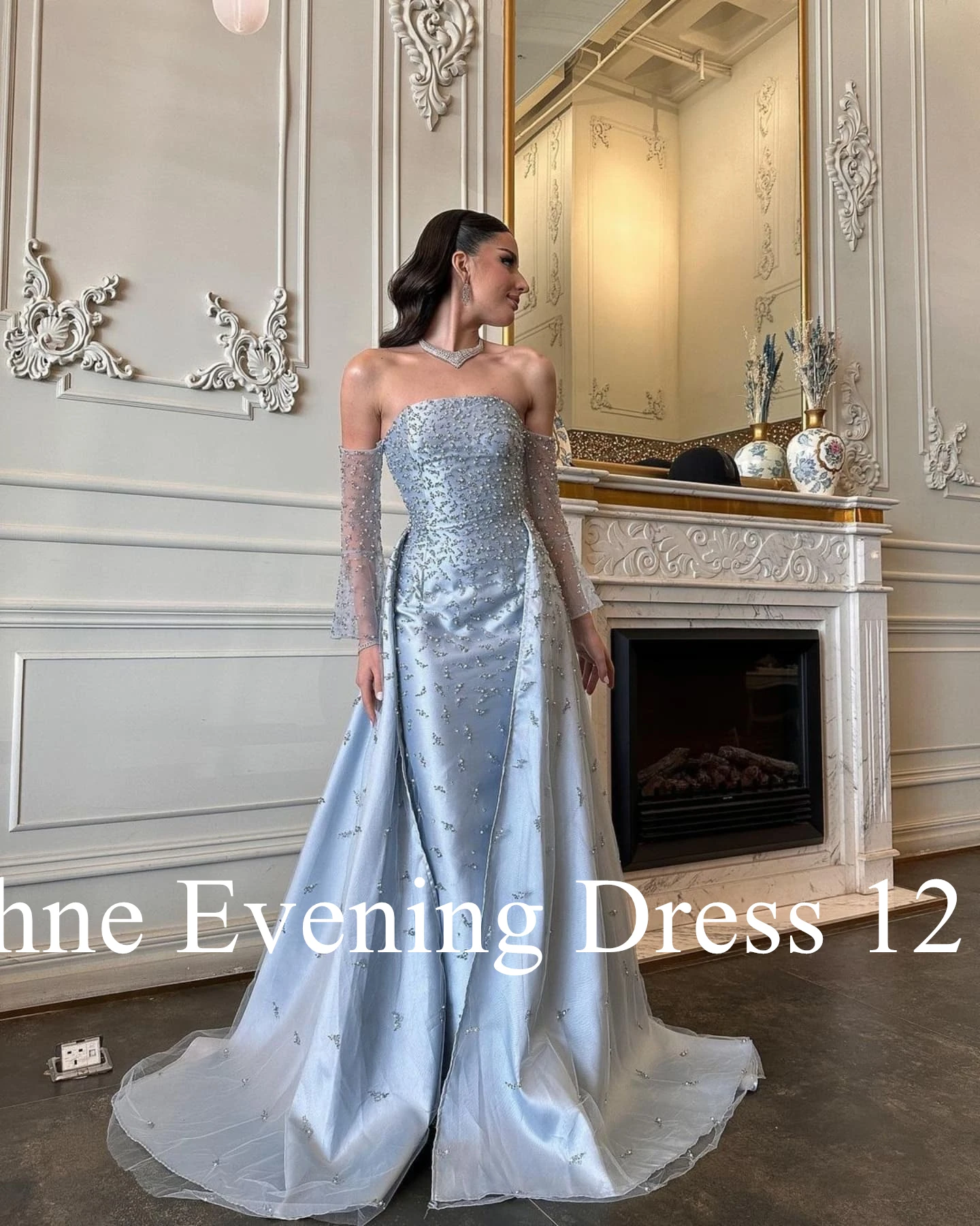 Customized Luxury Strapless Off the Shoulder Pearls Beading Evening Dress Exquisite Pleats Long Sleeves Blue Vestido De Festa