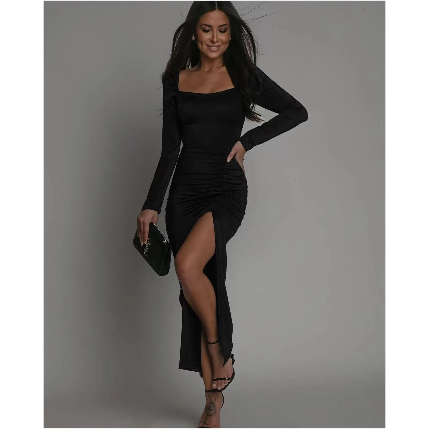 Sexy Long Sleeve Maxi Dress Cross-Border Fashion Square Collar Split Drawstring Design Gown Elegant Women's Clothing