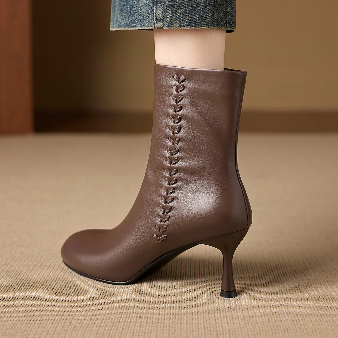 New 2027 Genuine Leather Boots Women Round Toe Stiletto Heel Ankle Boots Black Red Autumn Winter Short Booties Size 34-43 view 6