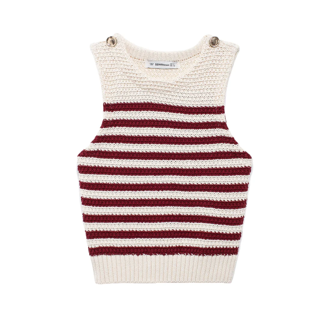 TRAFZA Female Summer New Knitted Short Tops Stripe O-Neck Sleeveless Golden Buttons Decoration Sweater Vest Tights Tops Mujer