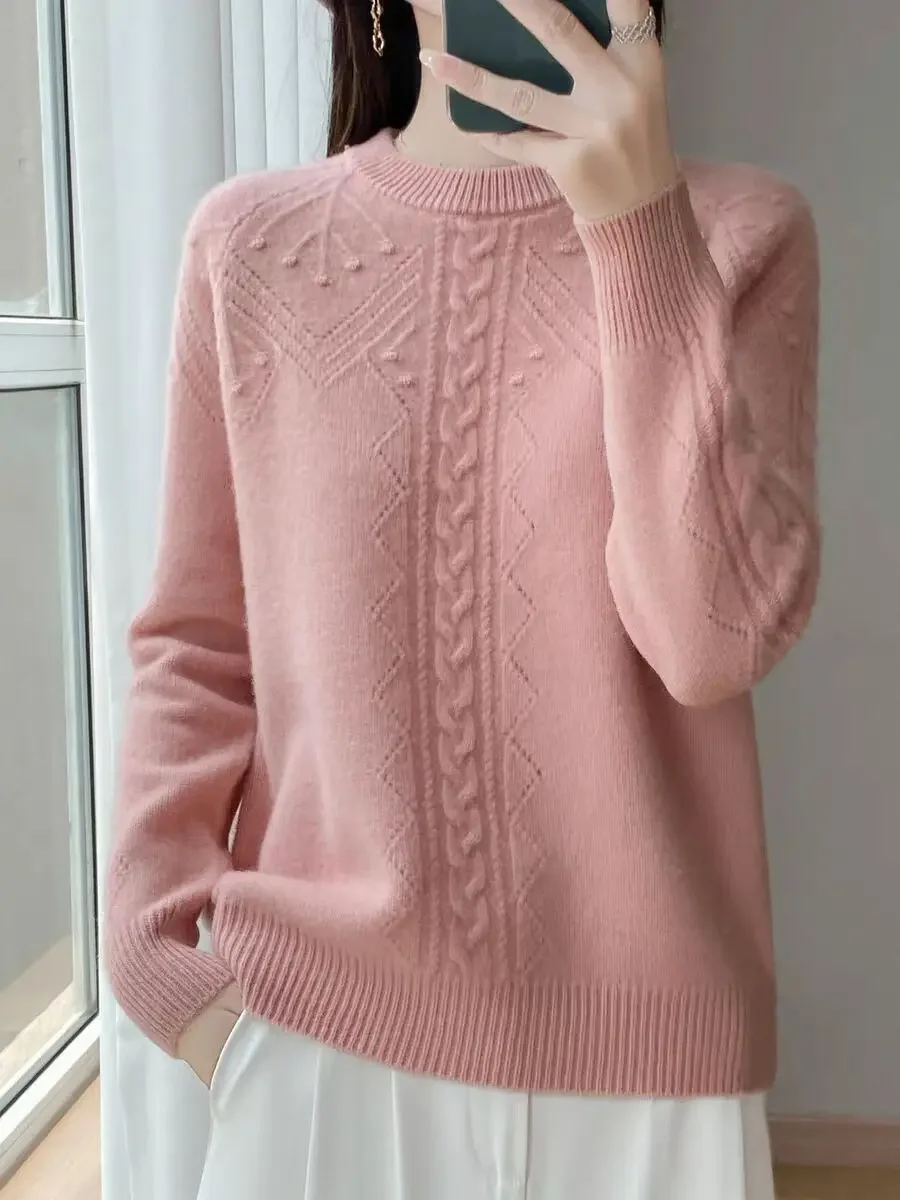 

Knit Jacquard Hollow Out Fashion O-Neck Pullover Exquisite Women Sweaters Autumn Winter Solid Versatile Casual Base Layer Tops
