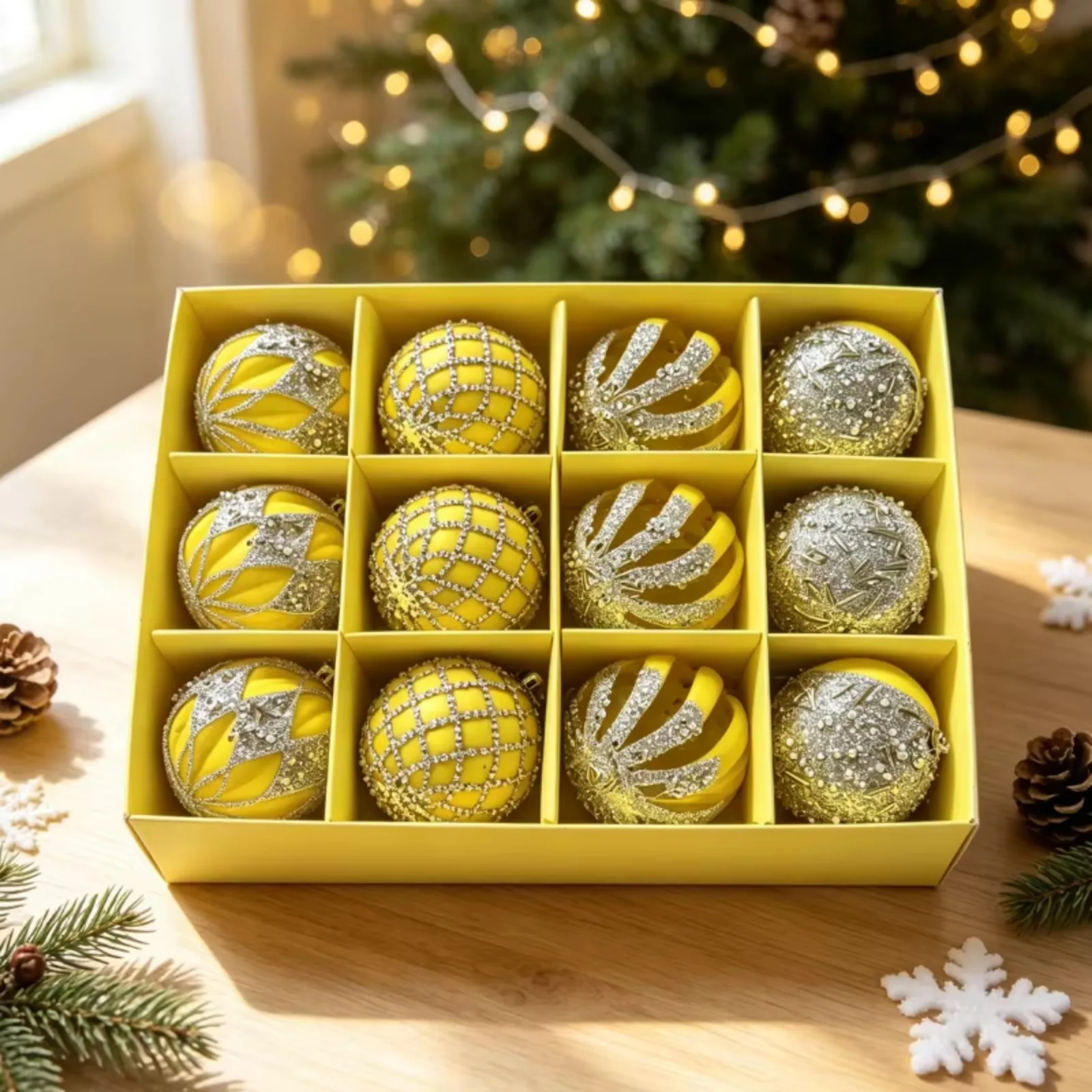 12Pcs Christmas Tree Ornaments 6cm Glitter Baubles Jeweled Handmade Hanging Balls Sparkling Holiday Decor for Home Party Present