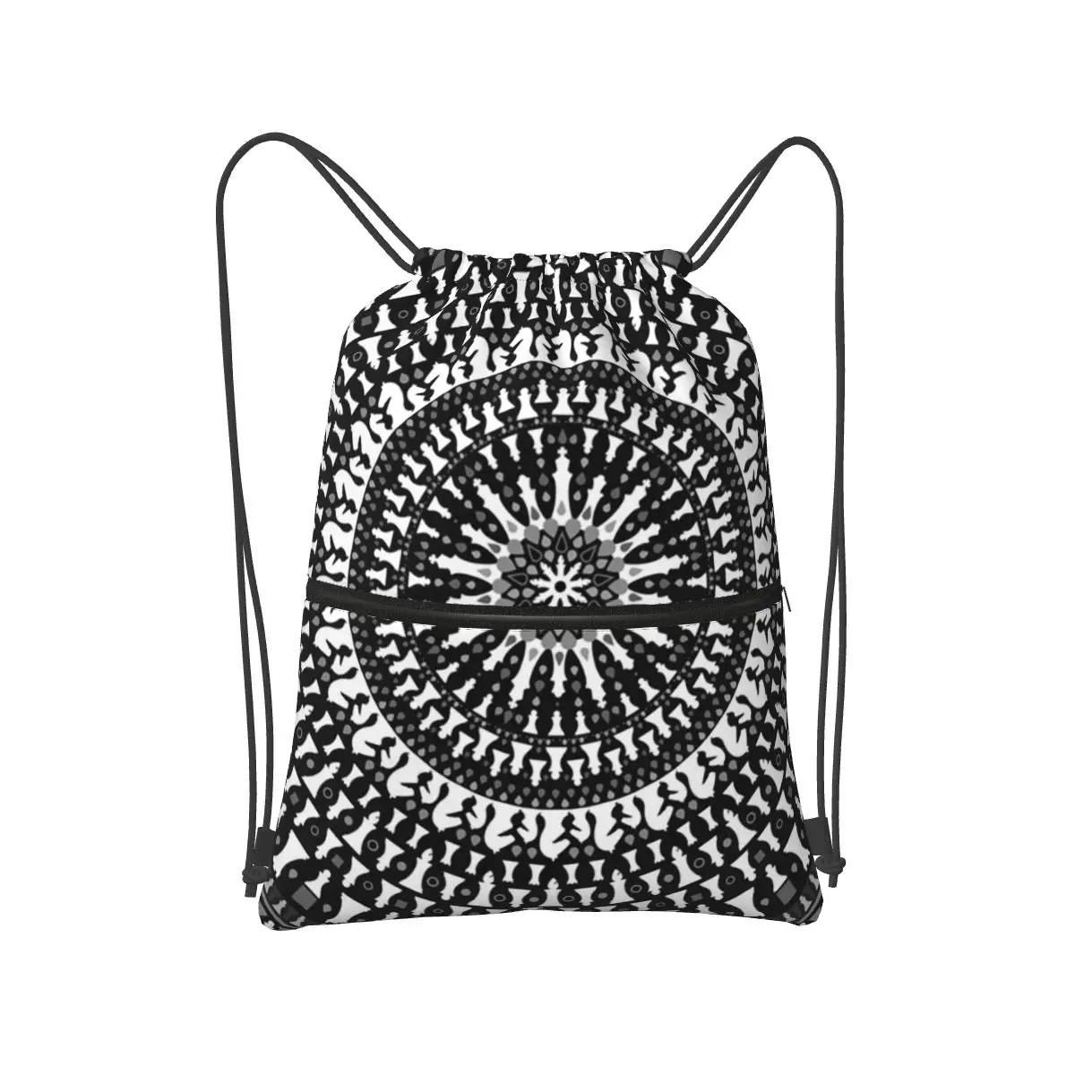 Chess Pieces Mandala Grayscale Chessboard Backpacks Portable Drawstring Bundle Pocket Sports Bag Book Bags for Travel Students