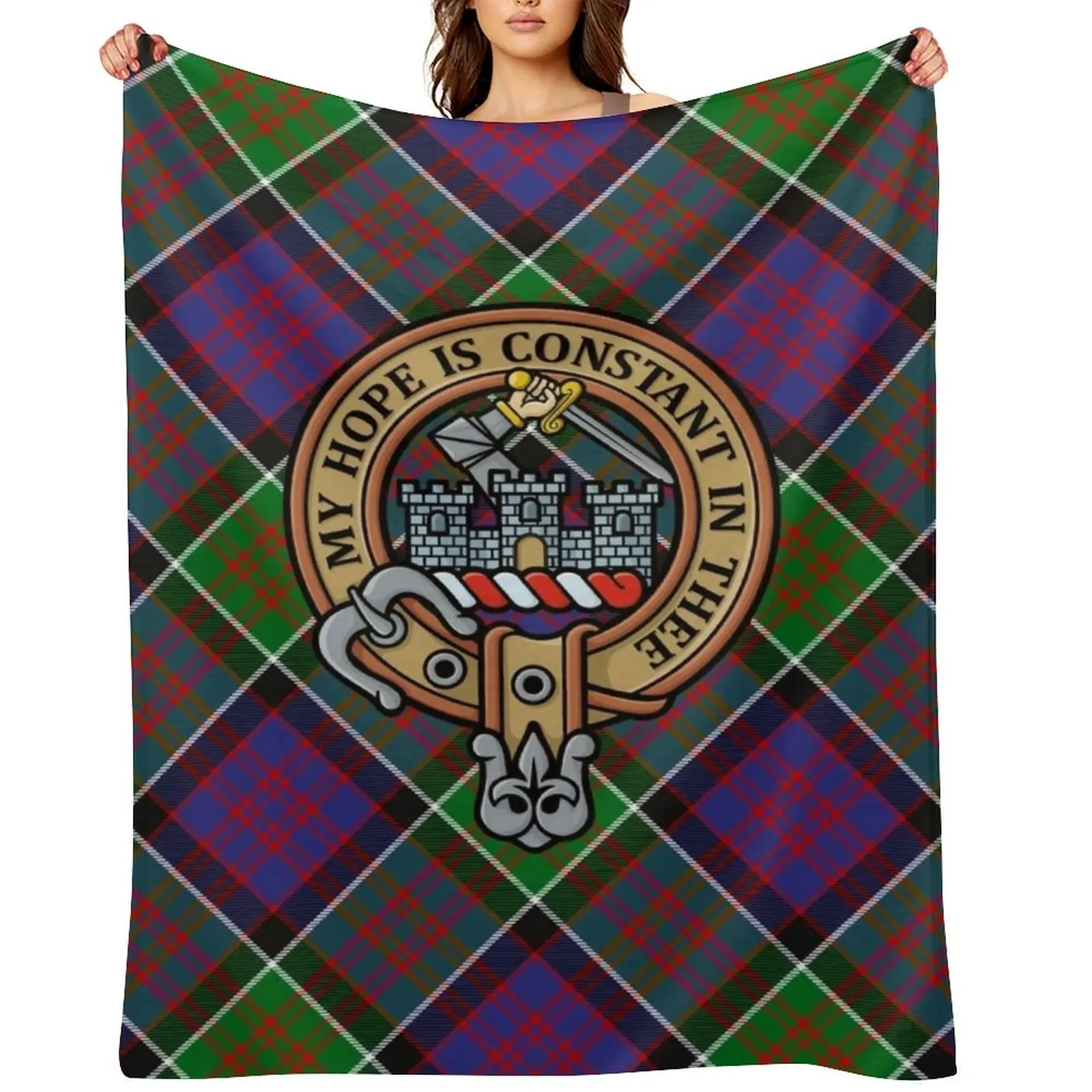 

Clan MacDonald of Clanranald Crest over Tartan Throw Blanket Quilt Summer Shaggy Furry Blankets