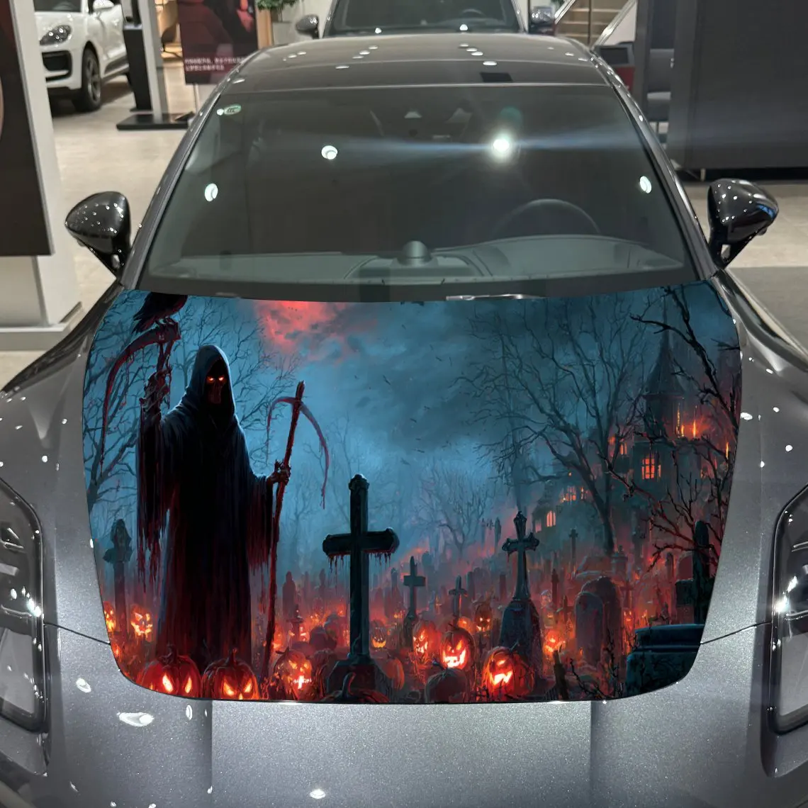 

Tombstone Cross Grim Reaper Car Hood Vinyl Stickers Car Surface Protection Decal Car Decoration Cover Vinyl Wraps Waterproof Sel