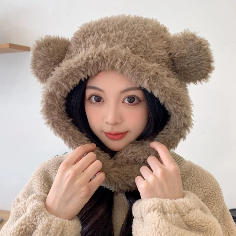 Plush bear ear hat woman winter thick cold lovely windproof neck protector scarf neck integrated hat