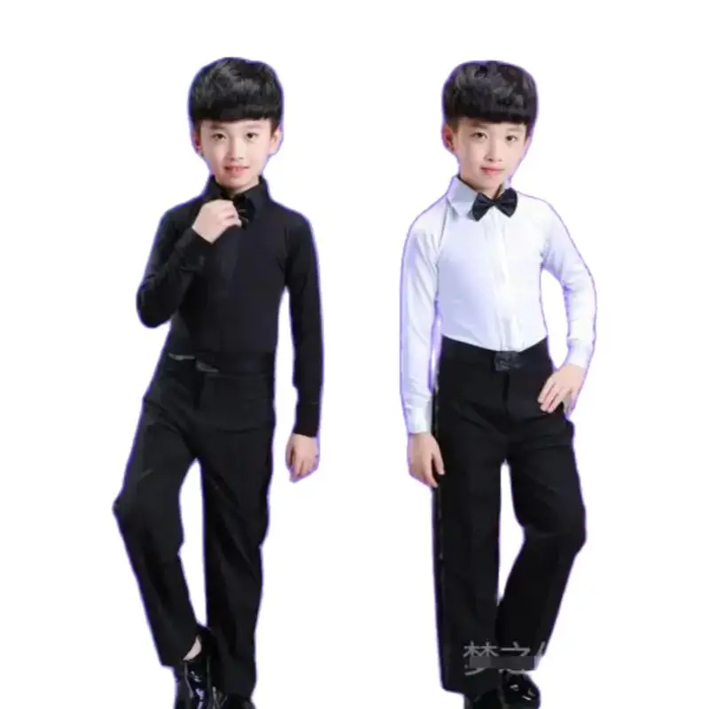 1set/lot Boys Latin Dance Costume Ballroom Cha Cha Tango Stage Performance costumes Children Black White Bow top and pant