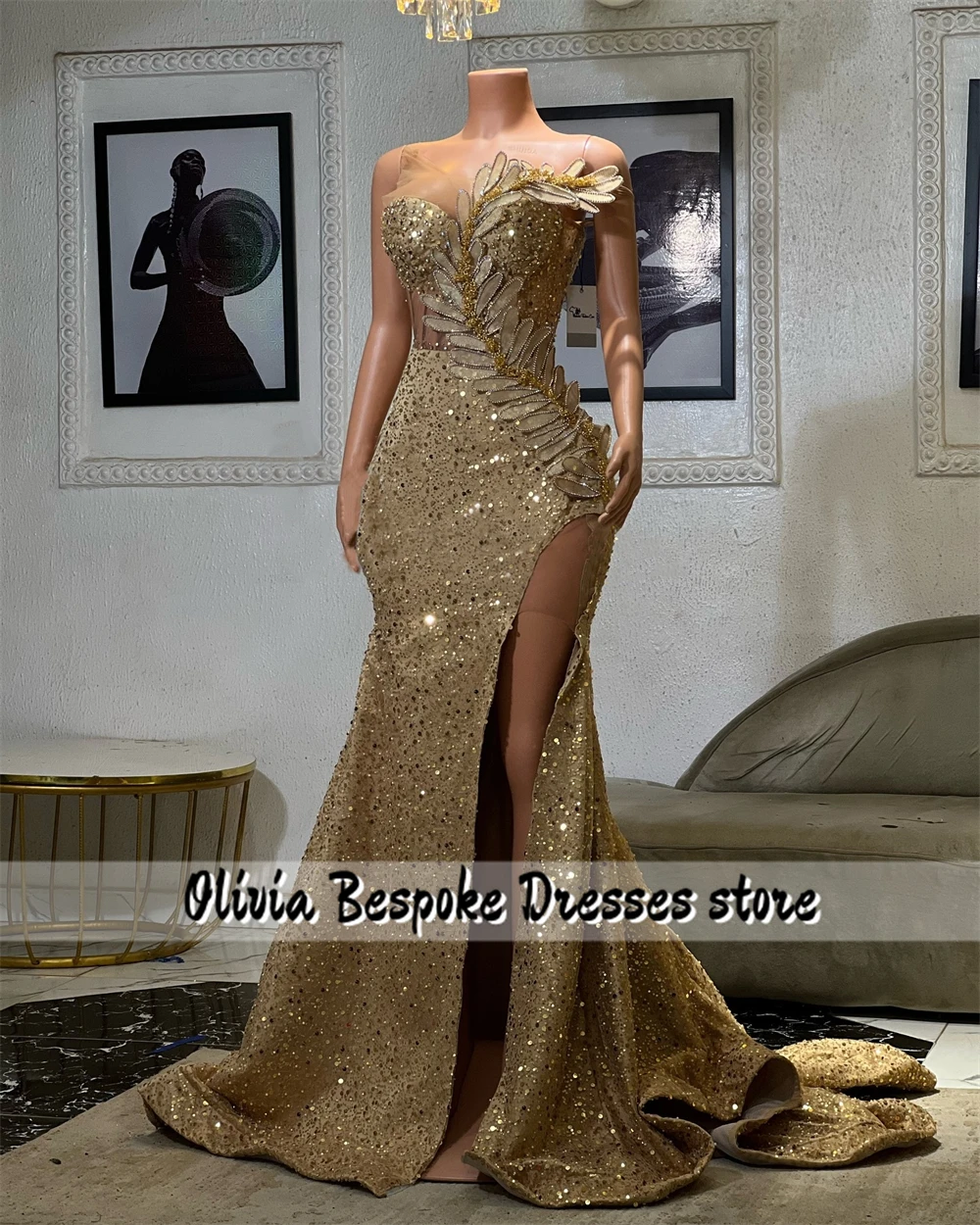 Robe de Rhfendue de perles dorées personnalisées pour les événements spéciaux, robe de cocktail de luxe, robe de sirène chic pour fille noire, anniversaire, 2024