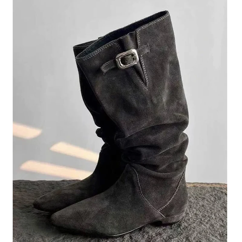 

Eilyken/зимние женские сапоги до колена с острым носком, дизайнерская обувь на квадратном низком каблуке с пряжкой и ремешком, женские вечерние модельные ботильоны