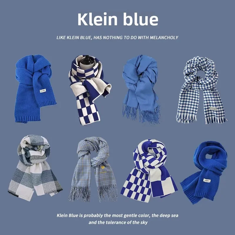 Klein-bufanda azul de nueva atmósfera para mujer, chal de invierno grueso y cálido, bufanda que combina con todo, bufanda de Cachemira para hombre, bufandas suaves y cálidas