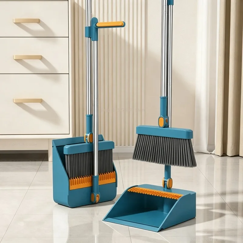 Long Handle Broom & Dustpan Set 180° Rotatable Stiff Bristles Buckle Design Cleaning Set with Scraping Teeth for Home Kitchen