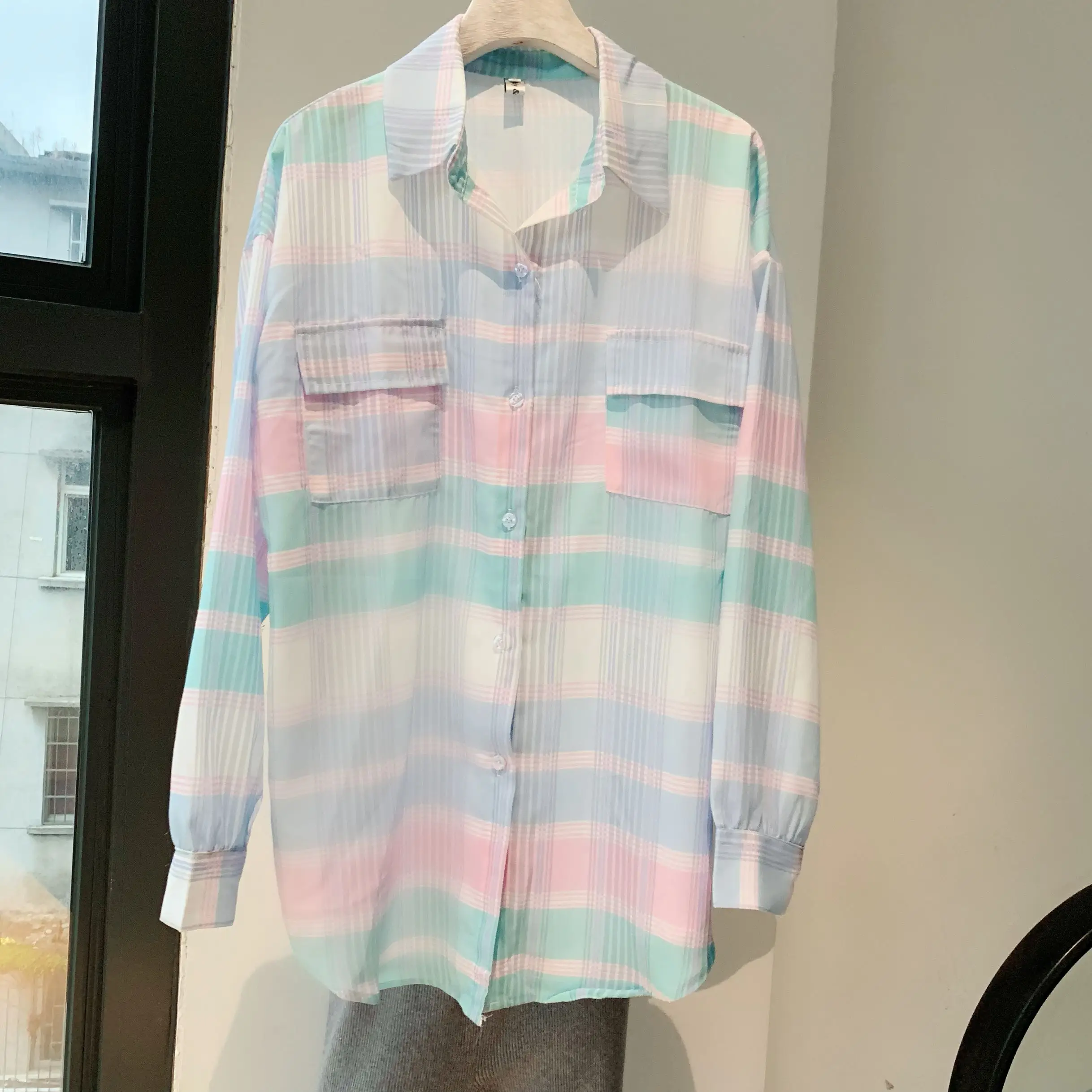 Women's Plaid irt Long Sve Loose Spring Autumn Thin Outerwear Top Hong Kong Sle HyunA  irt Korean Version