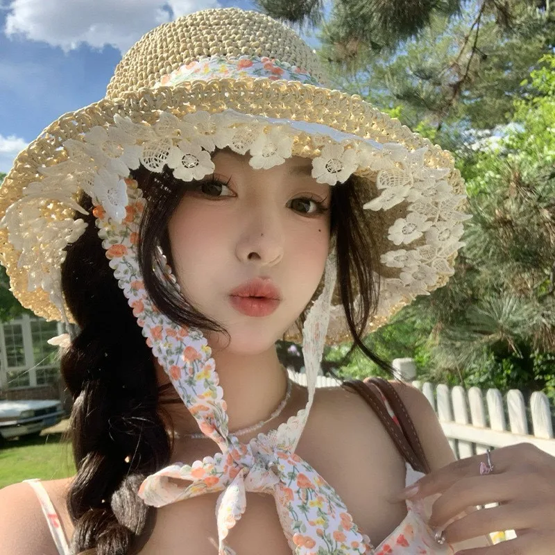 

Hepburn style floral ribbon woven hat women's summer large brim hollowed-out breathable sunshade