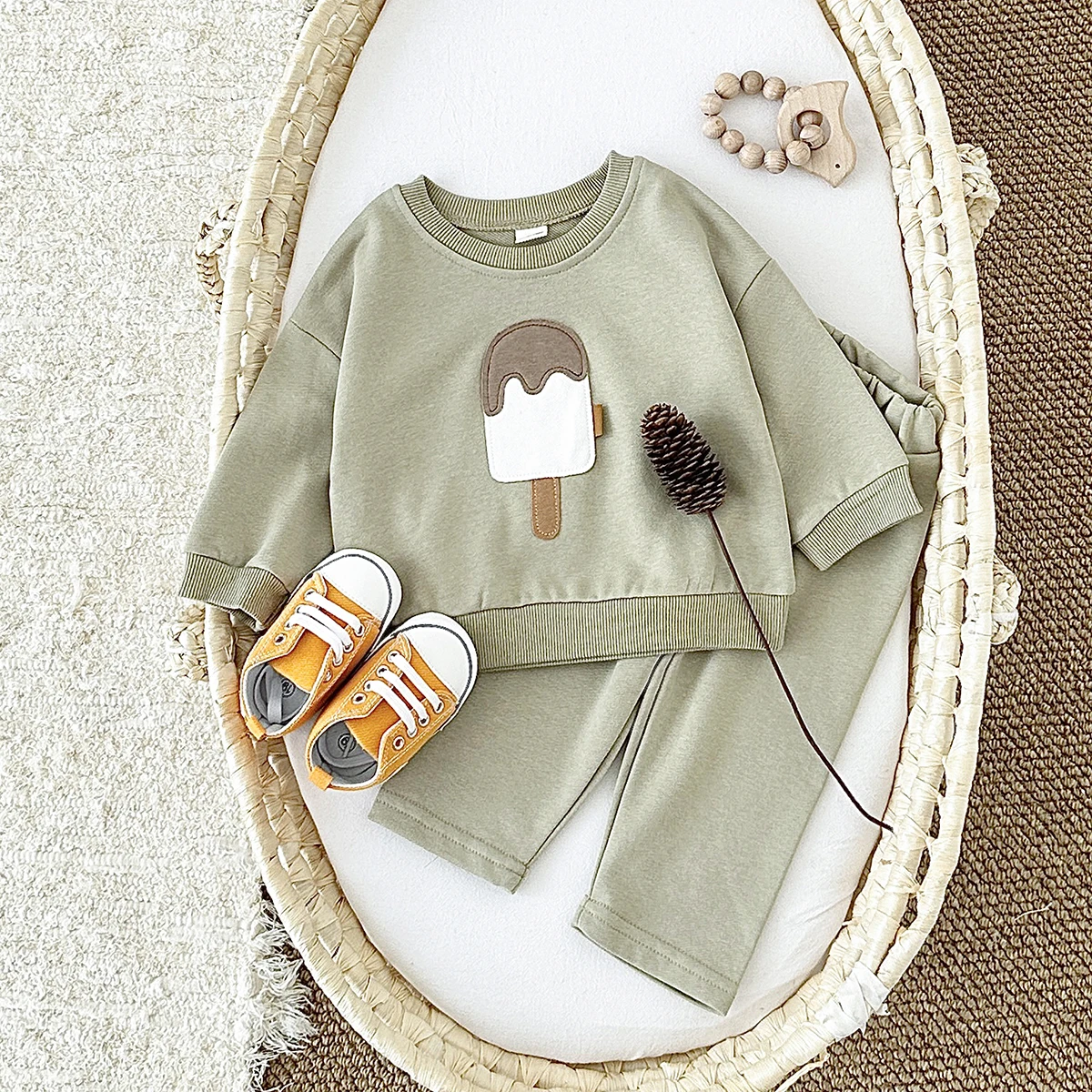 2024 Fall Baby Sets Boy Infant Clothing Toddler Casual Cotton Home Wear Ice Cream Long- Sleeved Pullover+Pants Children\'s Suits