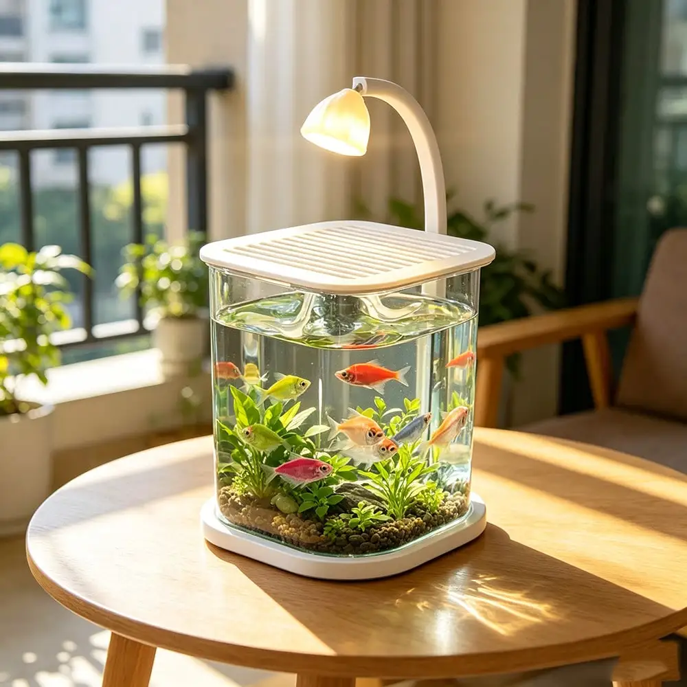 Betta Fighting Fish Exclusive Ultra White Glass Lazy Tank, Small Desktop Aquarium With High-End Decorative Viewing Light, Compact Tabletop Ornament For Home Living Room Study Desk Decoration