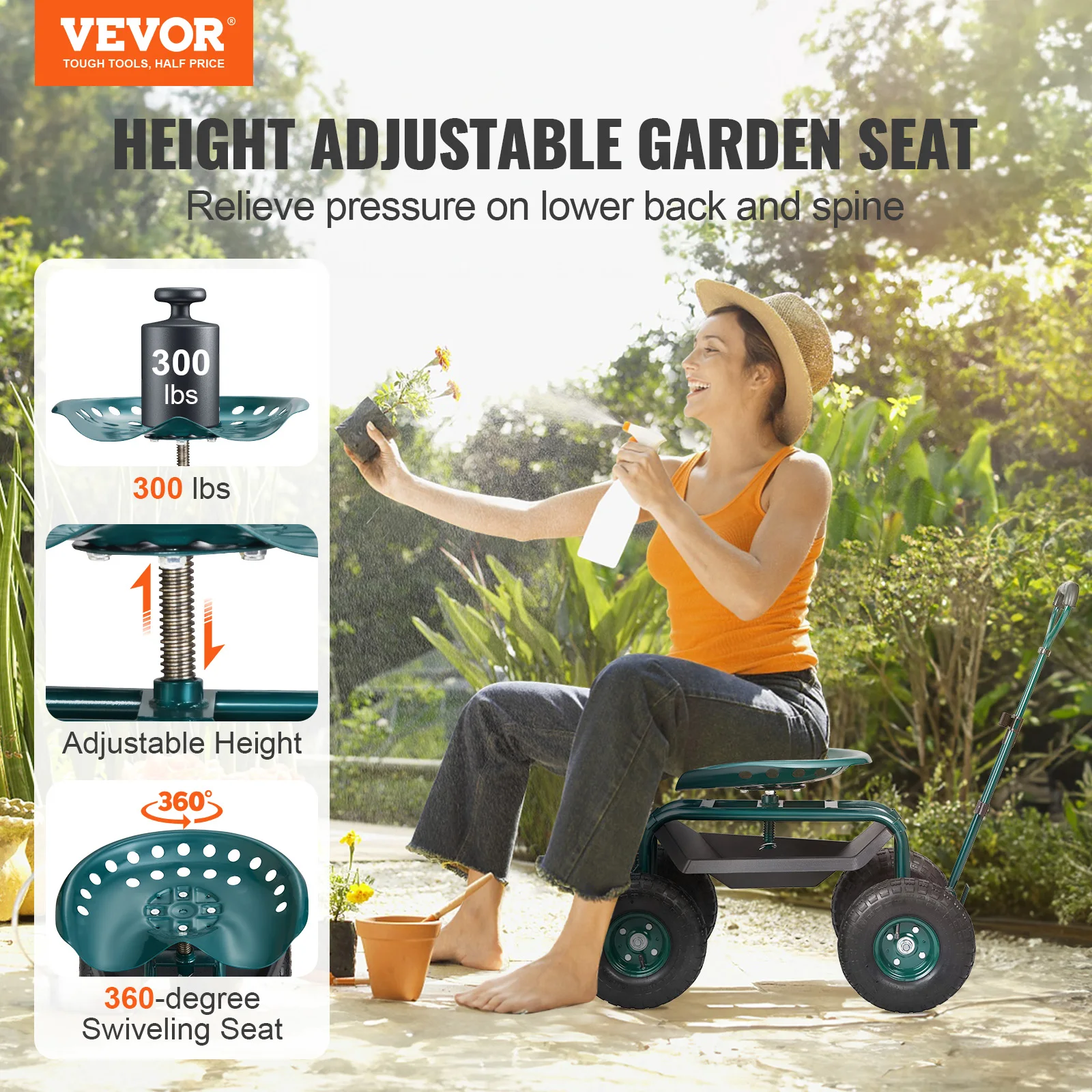 VEVOR Garden Cart Rolling Workseat with Wheels Gardening Stool for Planting 360 Degree Swivel Seat Wagon Scooter with Steering