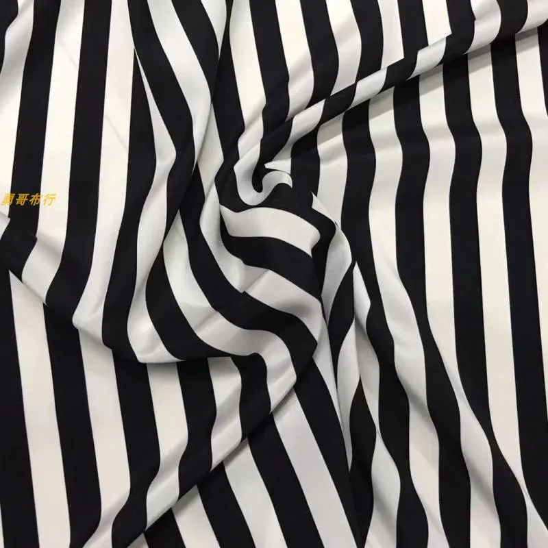 1.5 Black and White Stripe 04 Double Zou Silk Fabric Silk Chiffon Draping Cool Summer Skirt Pants Clothing Fabric