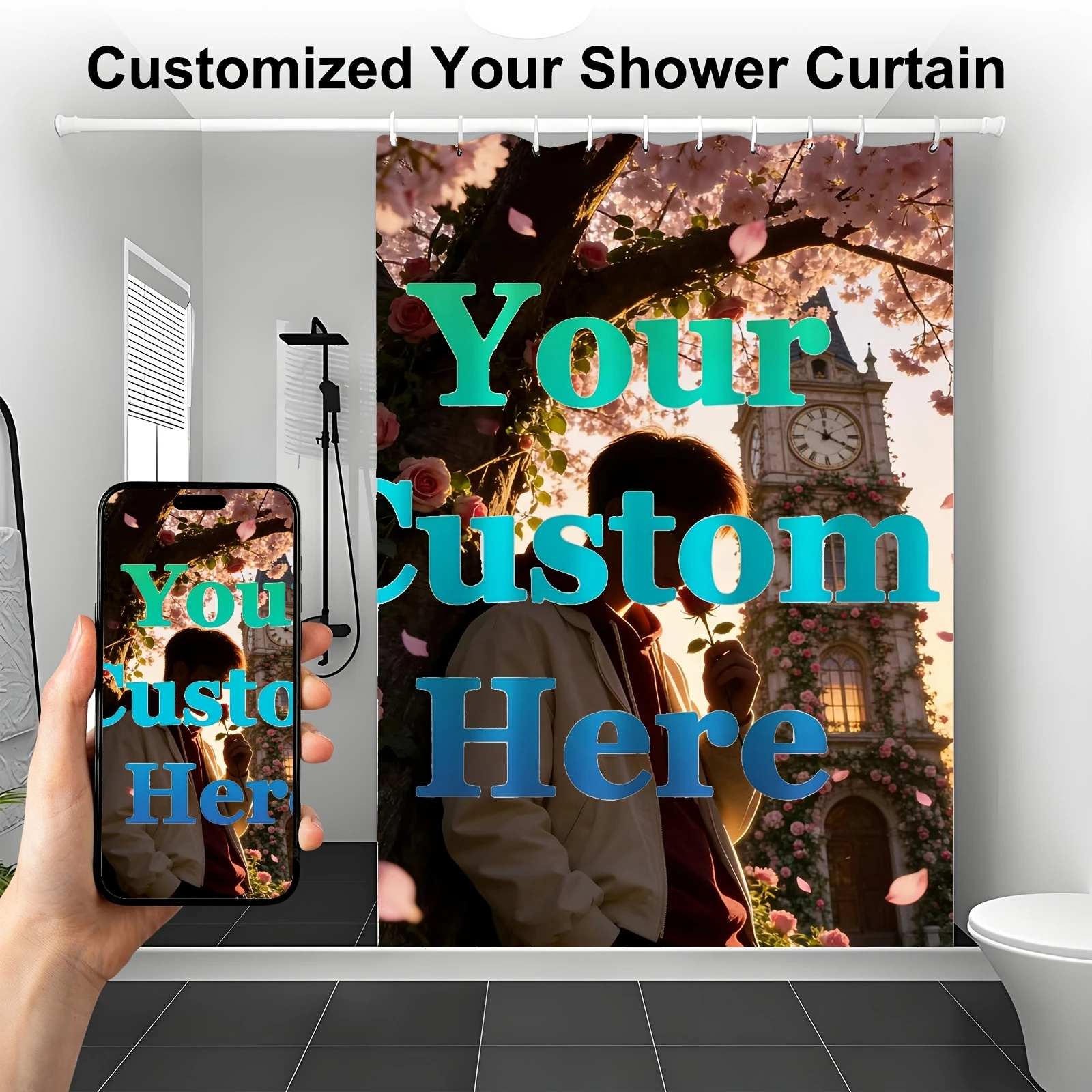 1pc Custom Photo Shower Curtain with Personalized Text | Photo Upload - Upload Your Own Picture | Suitable for All Seasons