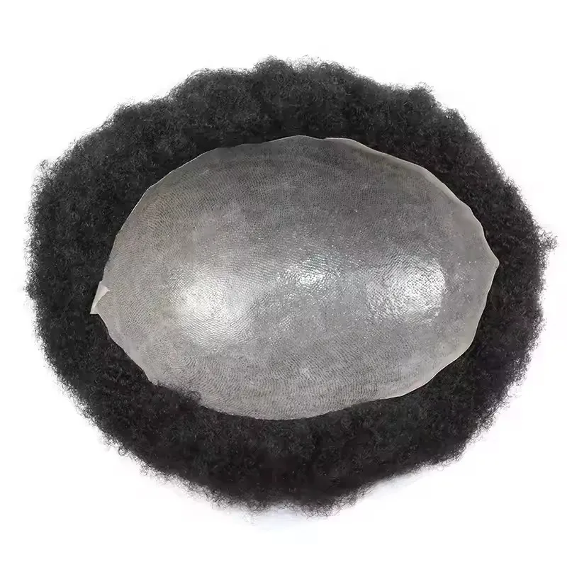 Afro-Toupet für Männer, Haarersatz aus dünnem PU-Material, 4MM krauses gelocktes Echthaar, natürliche Haareinheit, Haarteil – Detail 6