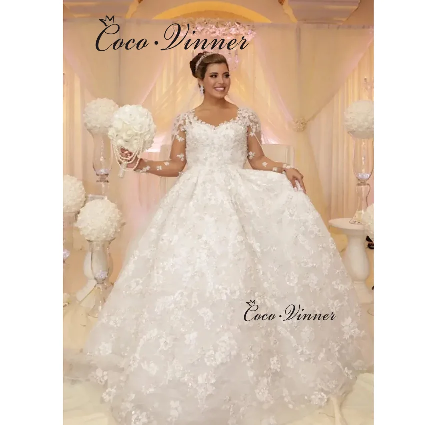 

Свадебное платье принцессы с цветочной кружевной аппликацией по индивидуальному заказу и бисером, новинка 2025, с длинными рукавами и иллюзией сзади, Vestidos De Novia W1357