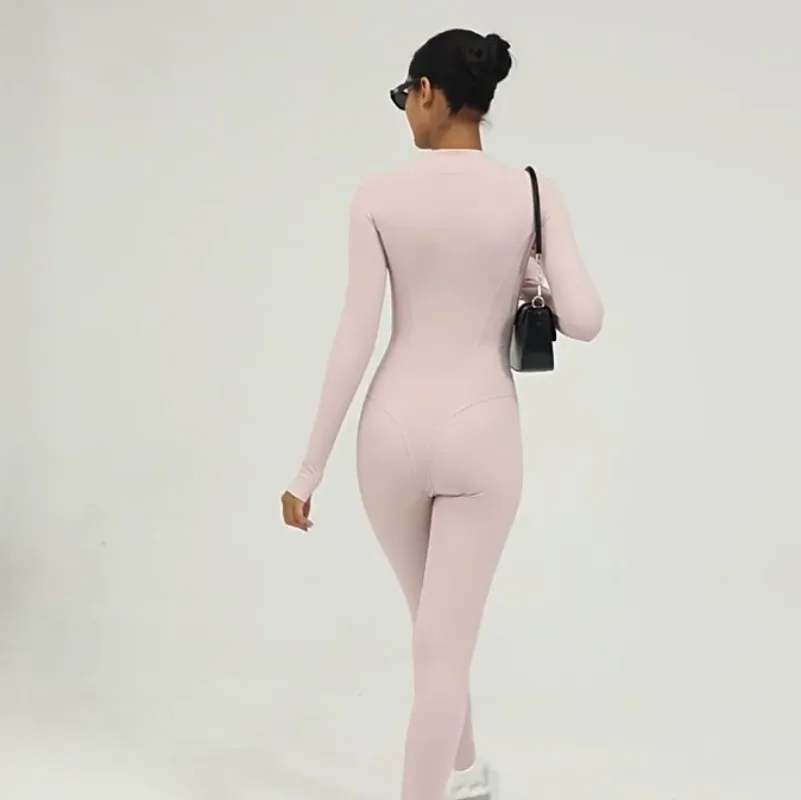 

Women Yoga Long Sleeve Jumpsuit Autumn Winter Stand Collar Half Zipper Bodycon for Outdoor Running Fitness Training Gym Workout