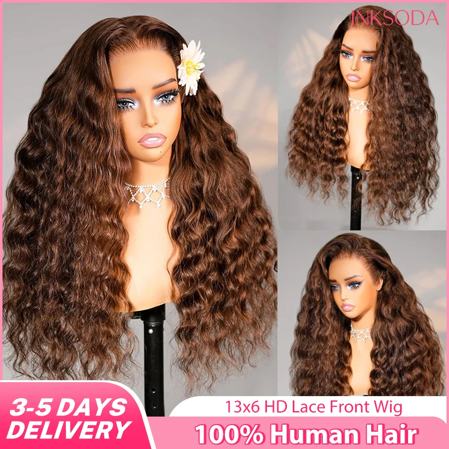 

Curly Wigs Chocolate Brown Deep Wave 13x6 HD Lace Front Wig Human Hair 40 30 Inch Reddish Brown Colored Wig #4 Preplucked
