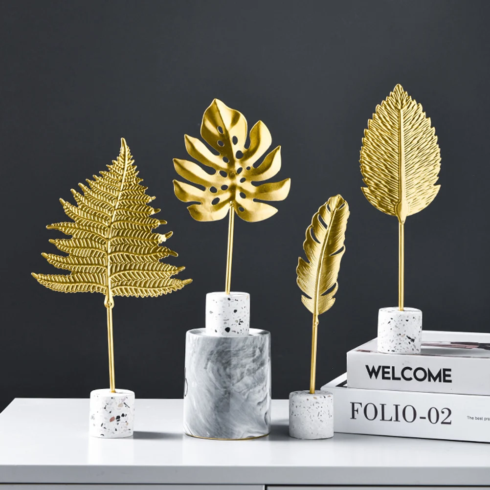 

Golden Leaf Decoration Metal Desktop Decor For Home Office Table Adornment Creative Emulation Foliage Ornament Table Stand Home