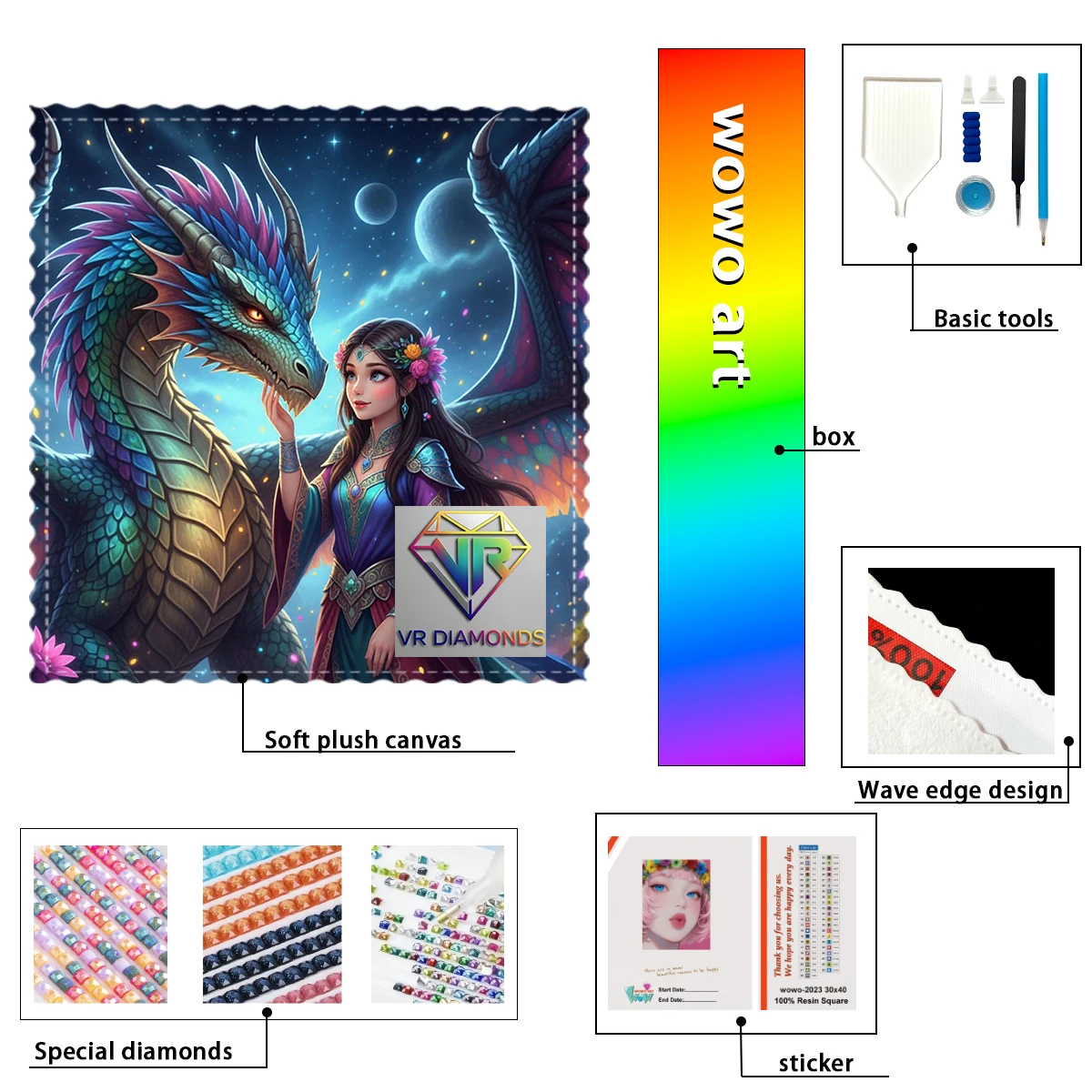 

【VR Diamond Art】Девушка с цветами и драконом: смоляные элементы FD, AB и CR, блестяще переплетенные, на основе из флокированной ткани.