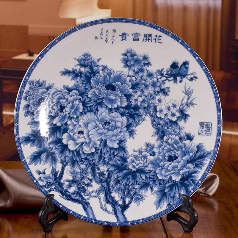 Ceramic Dinner Plate Blue and White Peony Porcelain Plate Decoration Crafts Ceramic Plate Painting New Chinese Style