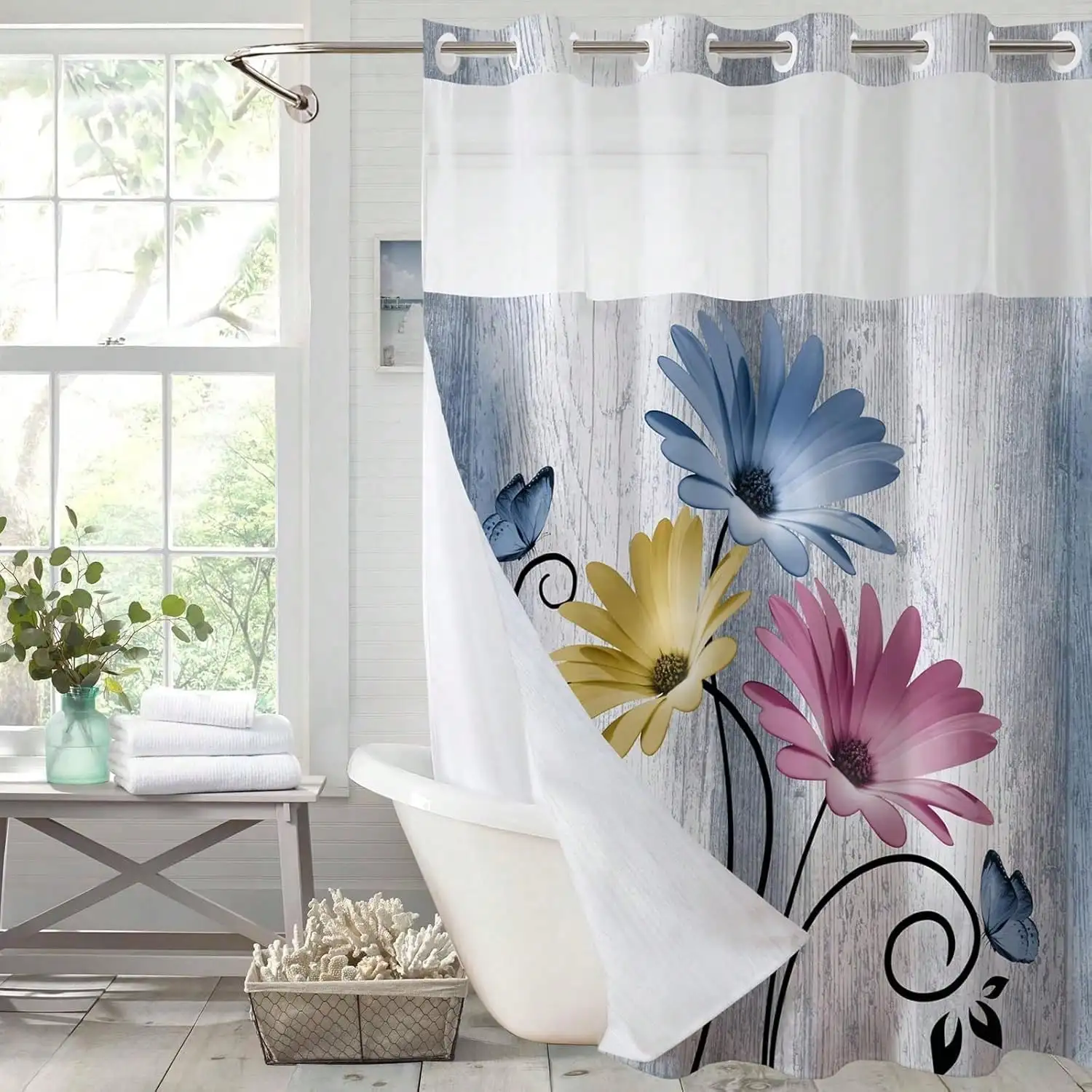 

Daisy&Butterfly Retro Hookless Shower Curtain With Snap In Liner,Colorful Bohemian Farmhouse Style No Hook Shower Curtains For Bathroom, Waterproof & Washable Shower Curtain And Liner Set For Bathroom Decor