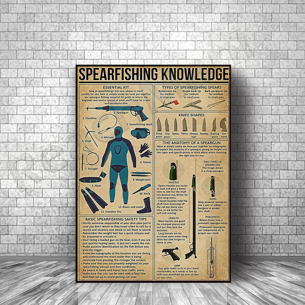 Spearfishing knowledge canvas poster, print for scuba diver, vintage marine art, gift for spearfishing lovers