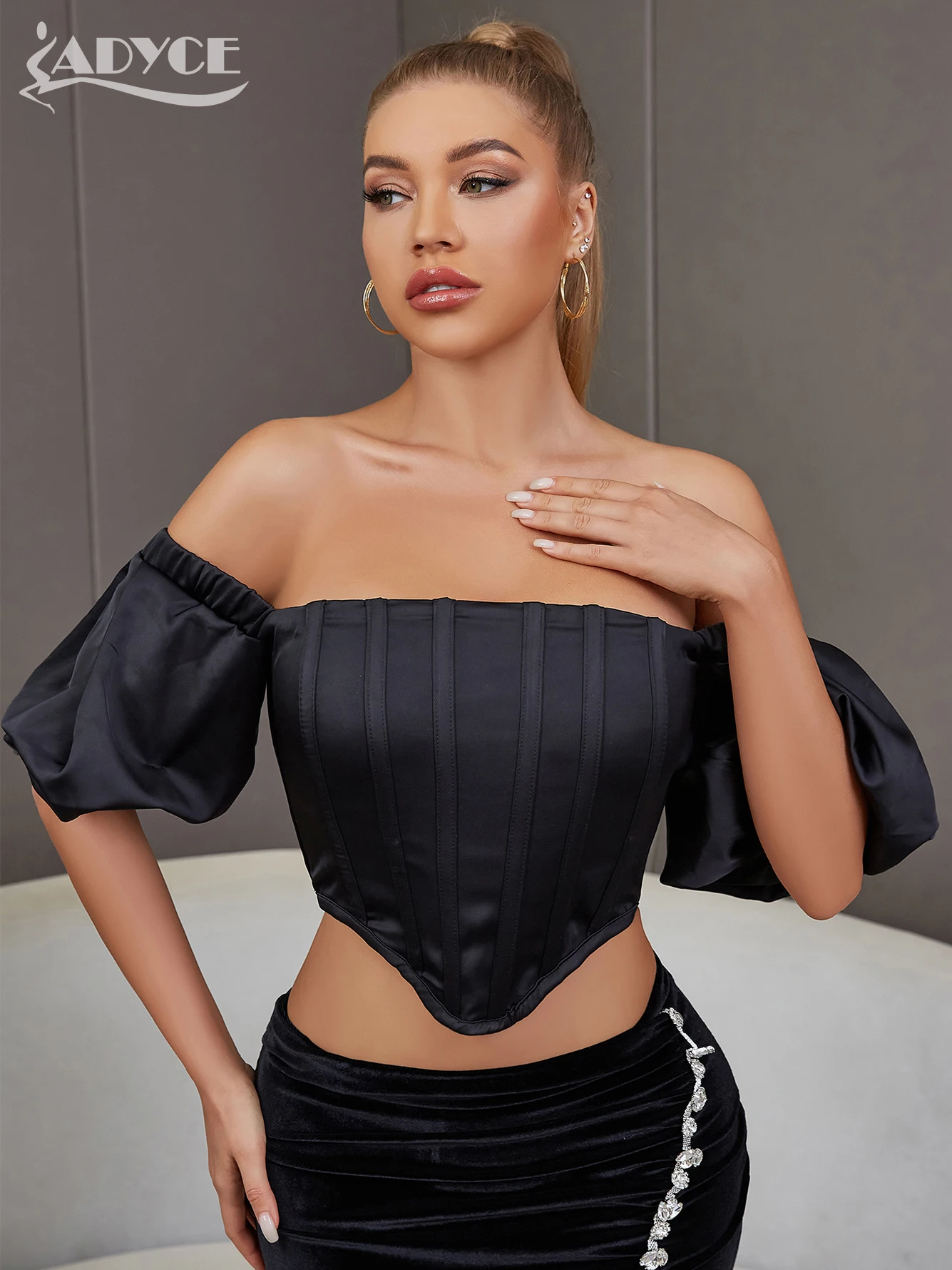 Adyce Off Shoulder Black Summer Short Tops Fashion Women Short Puff Sleeve Elegant Night Club Skinny Party Streetwear Shirts Top