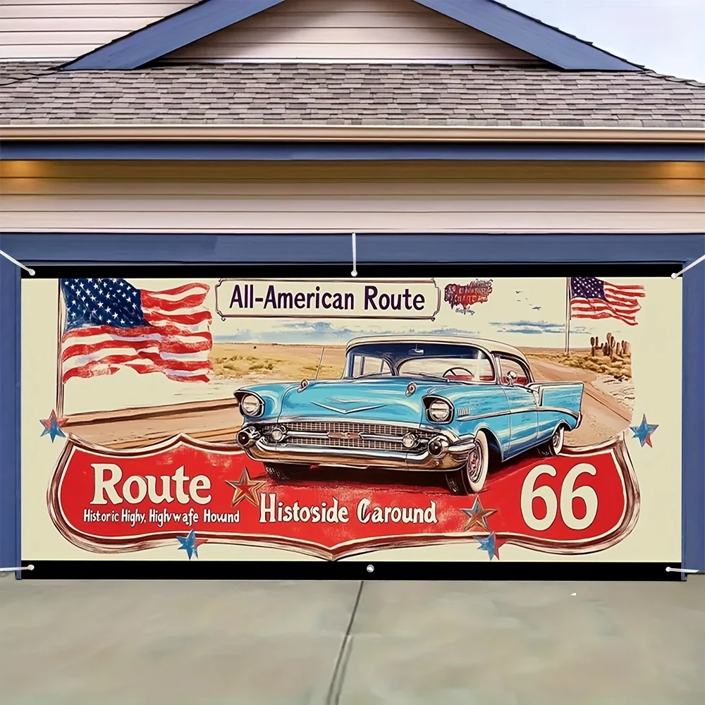 Un póster retro de coche clásico Route 66 con impresión plana en 2D para un cartel para puerta de garaje, decorativo y moderno.