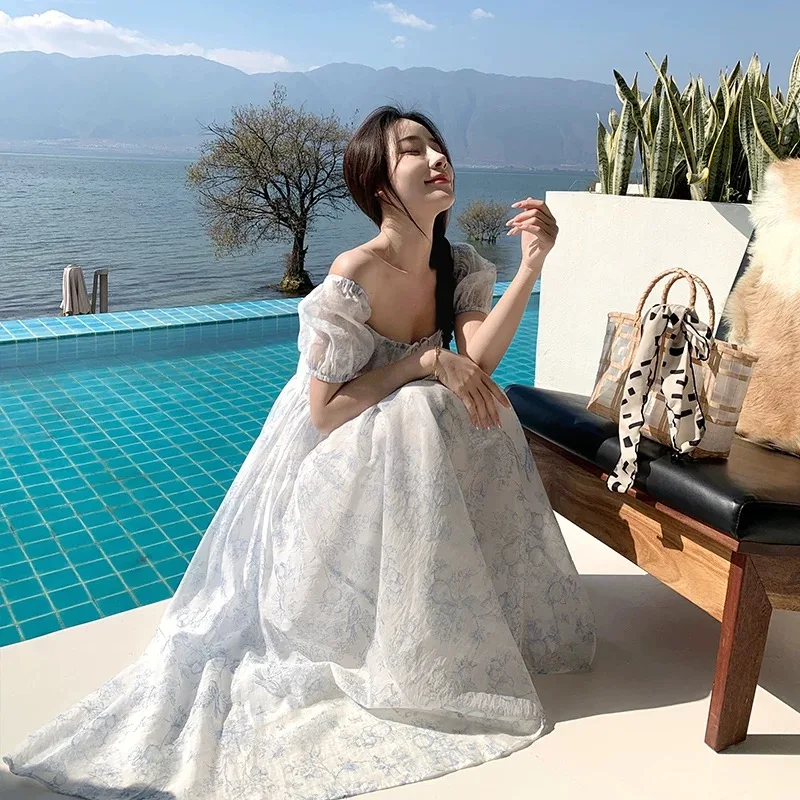 Robe d'été à imprimé floral français pour femmes, col carré, rétro, Niche, taille féerique, cordon de serrage, douce mode coréenne, robe de plage et de vacances