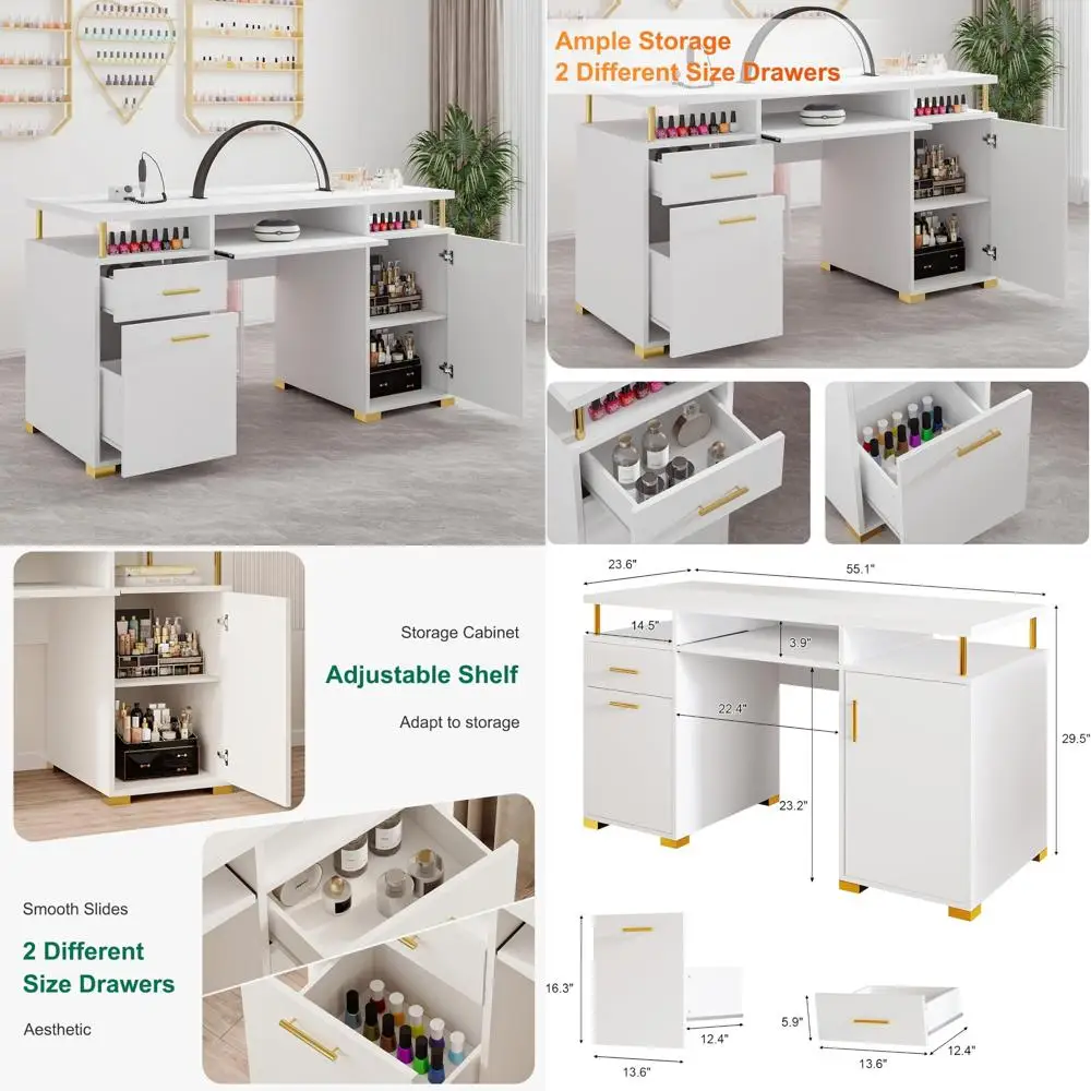 Mesa de manicure com 2 gavetas e armário, mesa de unhas branca e dourada de 55 polegadas para técnicos de unhas, prateleira móvel incluída