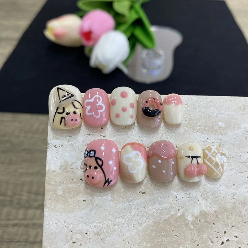 

10PCS Cute 3D Cartoon Pig Cherry Handmade Press on Nails Full Cover Pink Flower Short Square Round False Nails Wearable Manicure