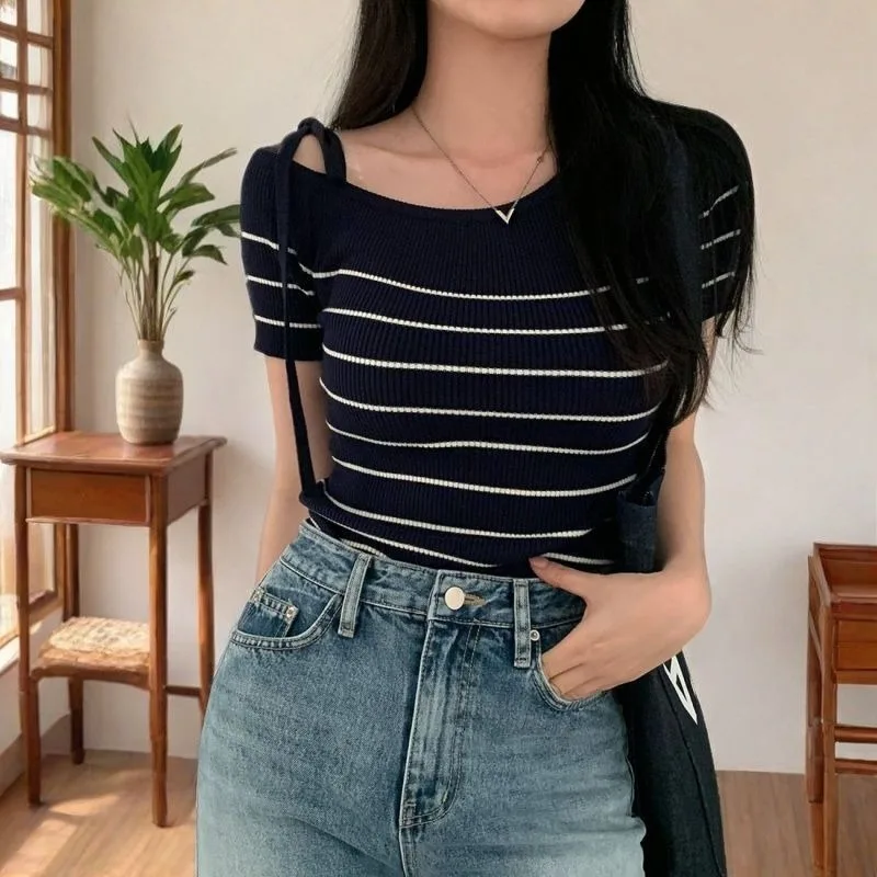 Women Striped Ribbed Knit Top Off Shoulder Tie Strap Short Sleeve Slim Fit Bodycon T-shirt Summer Y2K Streetwear Basic Knitted B