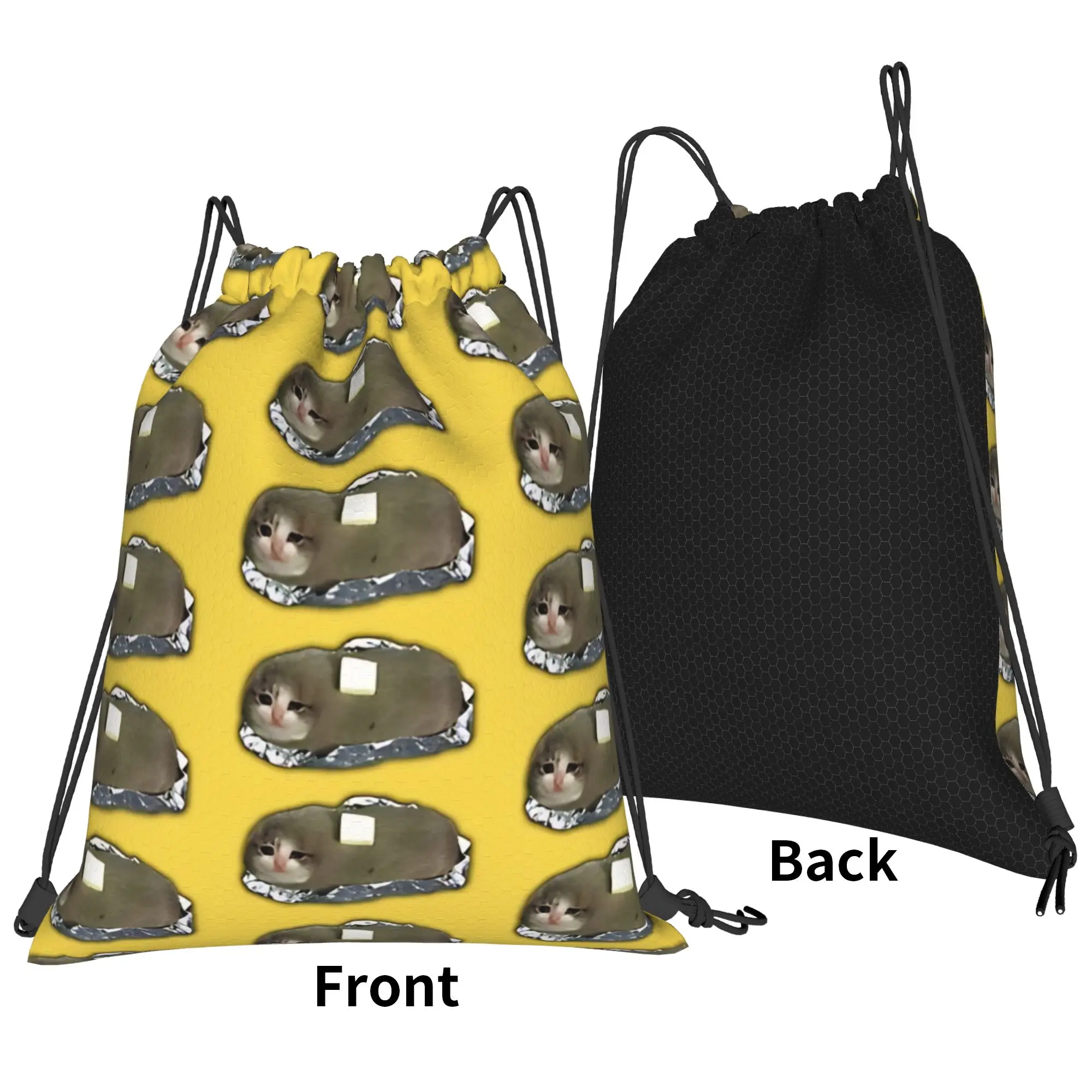 Cat meme sad potato cat with butter Portable Travel Riding Gym Drawstring Storage Sporty Backpacks