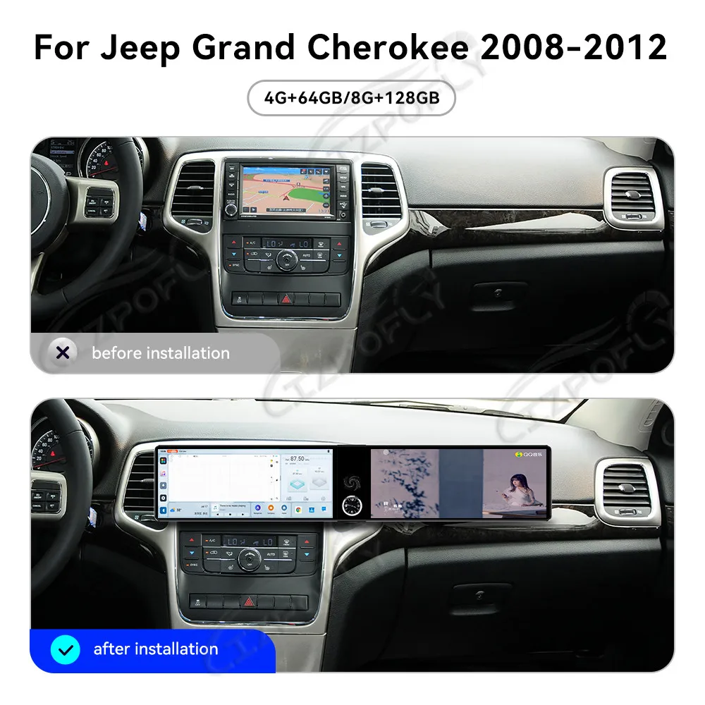 Dual 12.3 Inch Car Stereo for Jeep Grand Cherokee 2008–2012, Wireless Carplay & Android Auto GPS Navigation Touchscreen Radio