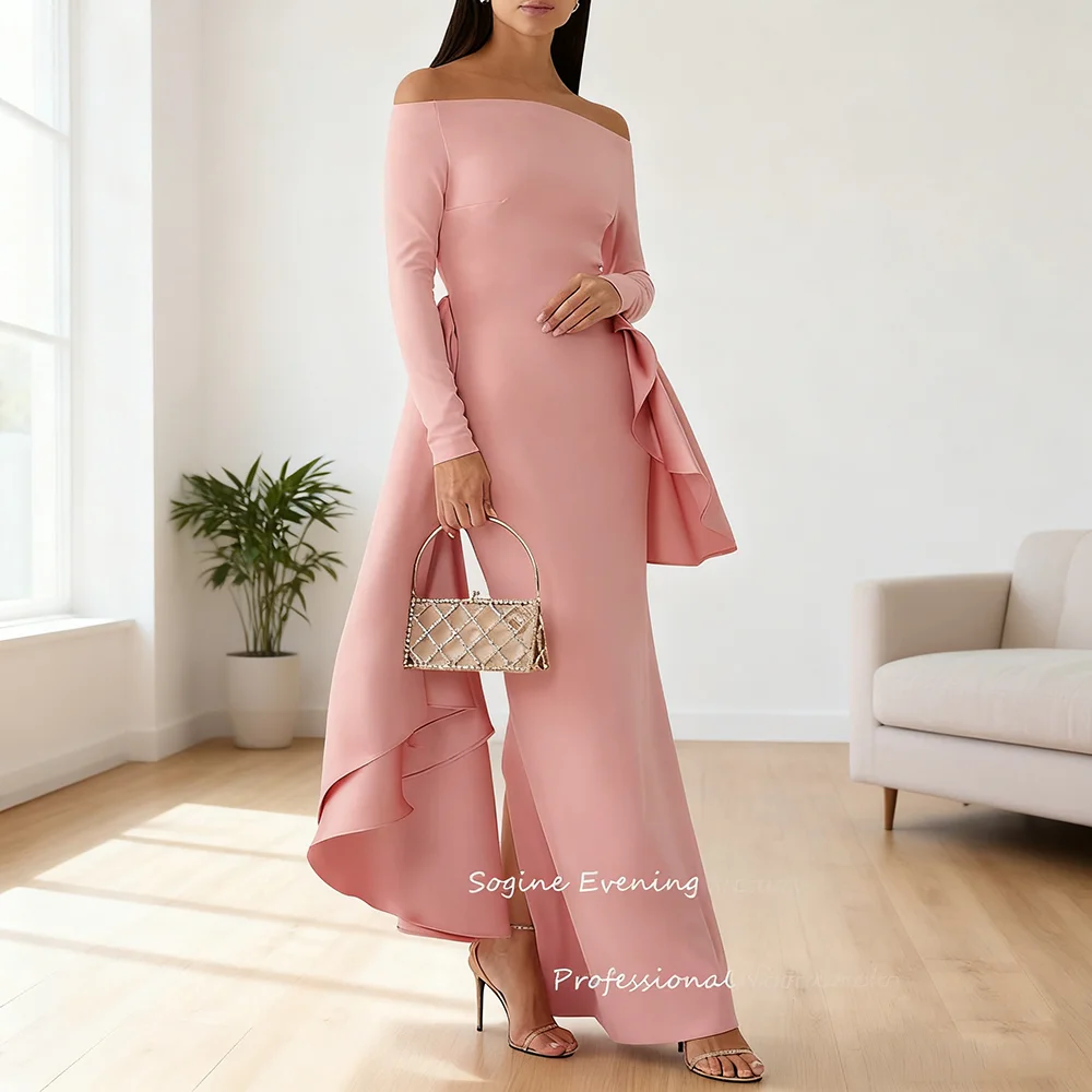 

Off Shoulder Crepe Maxi Dress for Women Ruffles Ankle-Length Prom Dresses 3/4 Sleeve فساتين سهرة with Slit Formal Gown