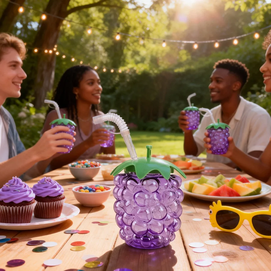1/2/4Set Plastic grape Cups with Straws Fruit Cups Ideal for Hawaiian Luau Themed Birthday Parties Tropical Summer Beach Party