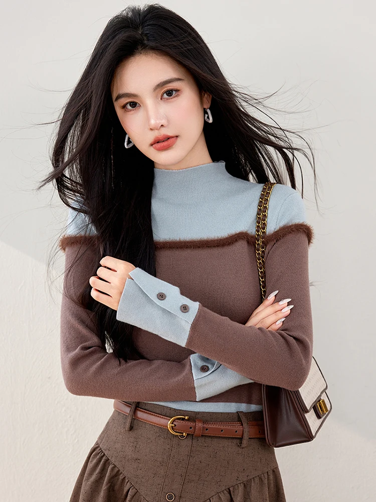 Half Turtleneck Colorblock Knitted Women\'s Sweater 2024 Autumn Winter New Long Sleeve Bottoming Solid Sweater Female Slim Tops