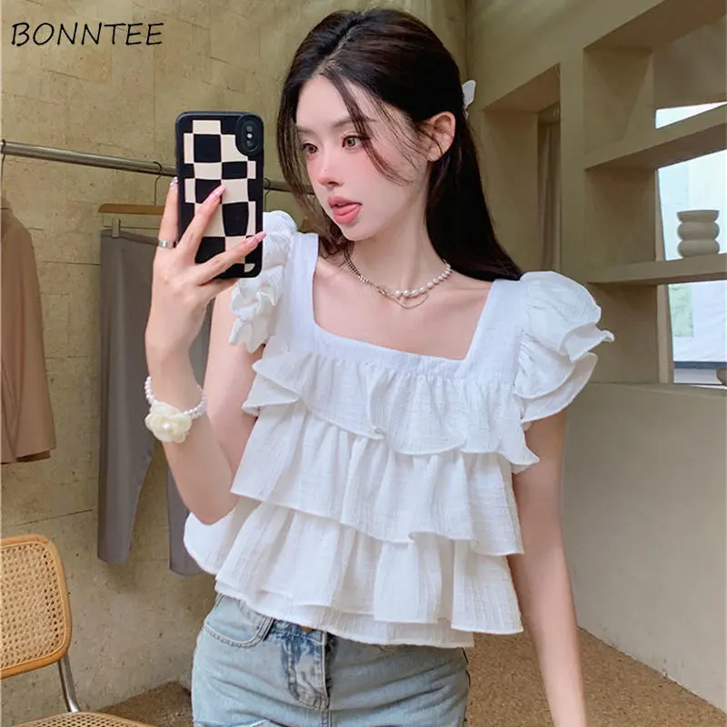 Flying Sleeve Blouses Women Ruffles Sweet Students Princess Loose Fashion Popular Korean Style Temperament Tender Square Collar