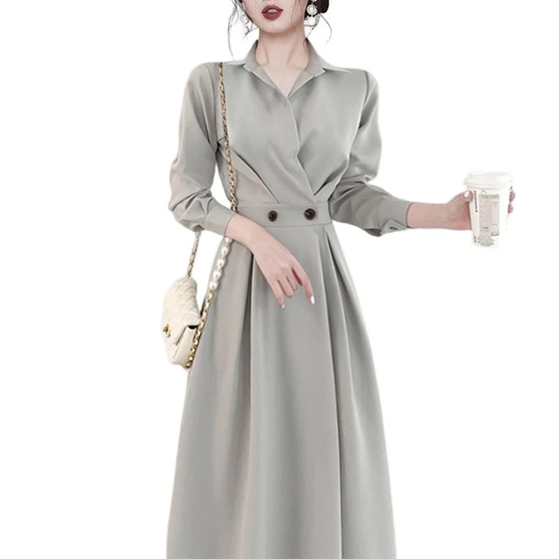 

Spring Autumn Solid Color Midi Dress Women POLO Collar Long Sleeve Fashion Dresses Elegant Button High Waist Vintage Vestidos