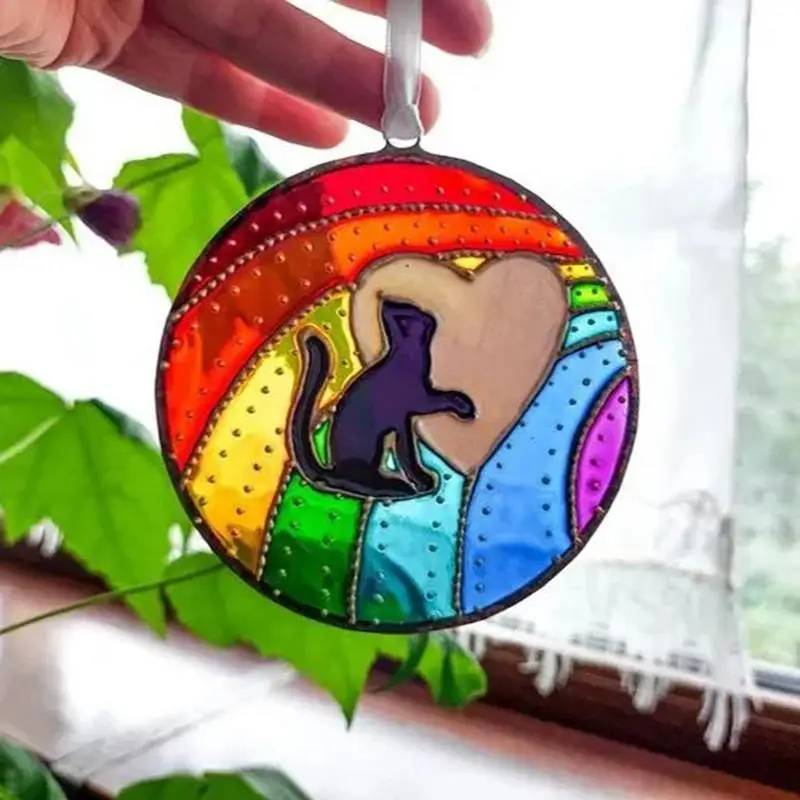 Rainbow Cat Sun Catcher Sleek Metal Cat Home Decor Black Hollow Cats Sculpture Hung Decor For Living Room Offices Bedroom Window