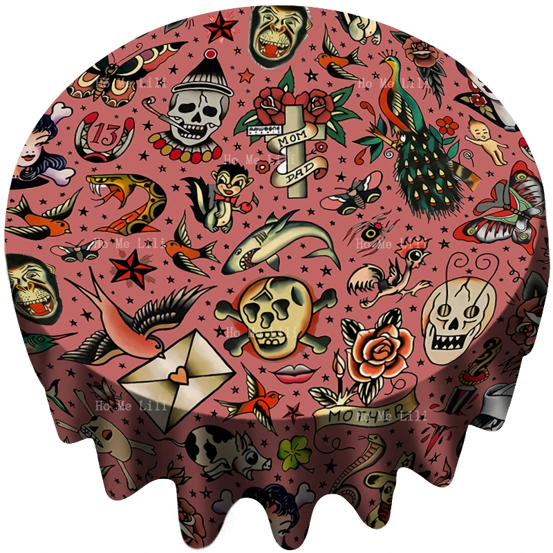 Old School Tattoo Skull Designs Are A Popular Motif In Traditional American.Round Tablecloth Decorated The Kitchen