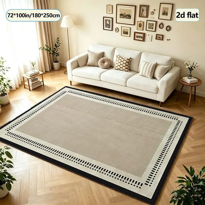 Minimalist Beige Black Stripe Border Carpet Flooring Simple Square Area Rug For Entryway Bedroom Household Decor